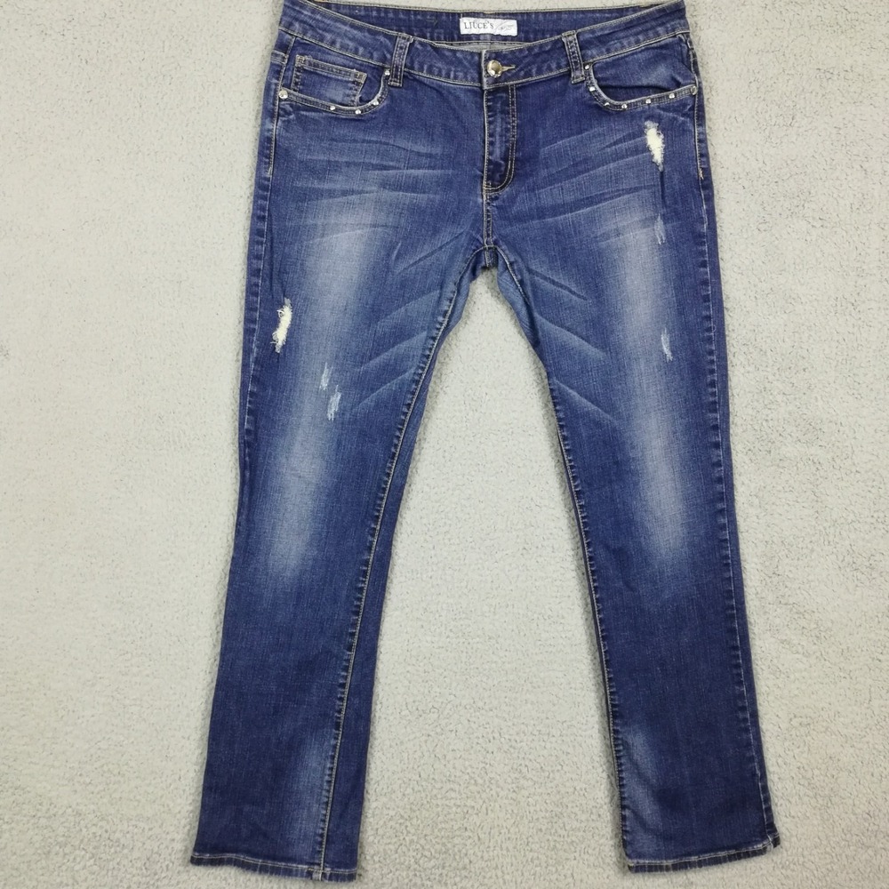 Liuce's Womens Jeans Boot Cut Blue Denim Distressed Stone Whiskering Plus 20